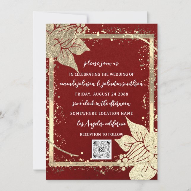 Monogram Floral Foto Gold Frame QR Code Burgundy Einladung (Vorderseite)