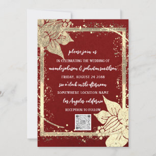 Monogram Floral Foto Gold Frame QR Code Burgundy Einladung