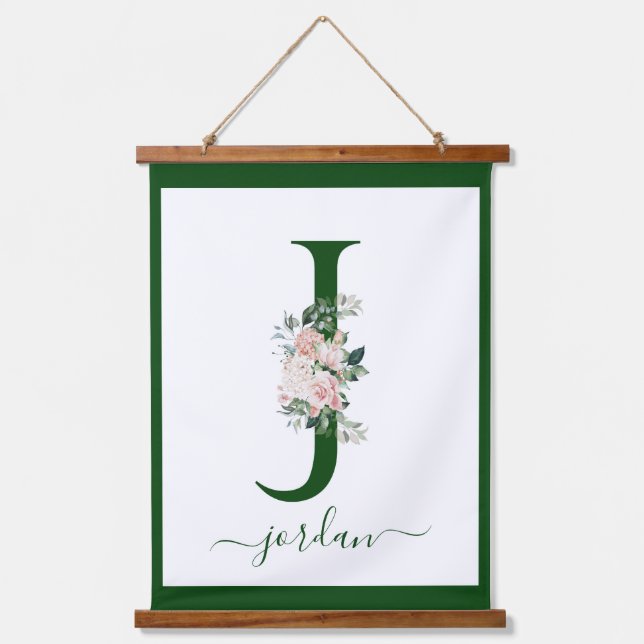 Monogram Floral Letter J Wandteppich Mit Holzrahmen (Vorderseite)