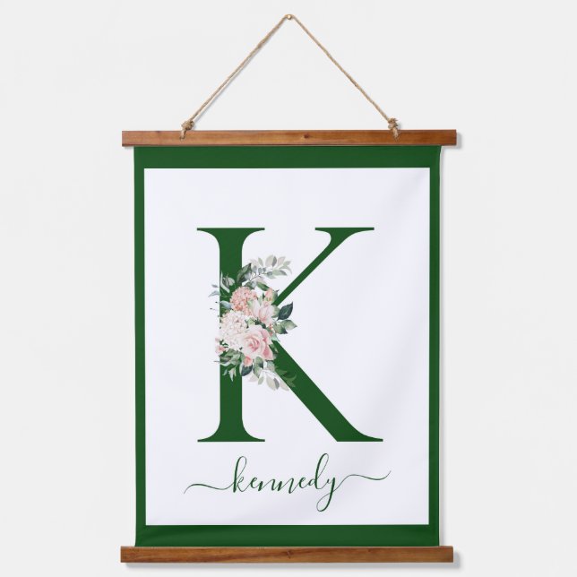 Monogram Floral Letter K Wandteppich Mit Holzrahmen (Vorderseite)