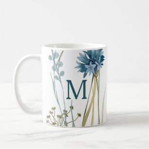 Monogram Floral Light Blue Gold auf Weiß Kaffeetasse