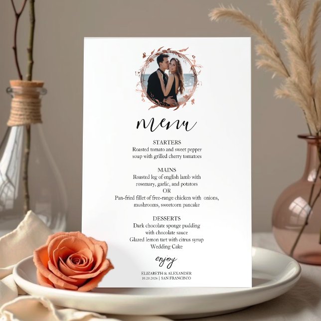 Monogram Floral Rose Gold Foil Foto Wedelmenü Einladung (Von Creator hochgeladen)