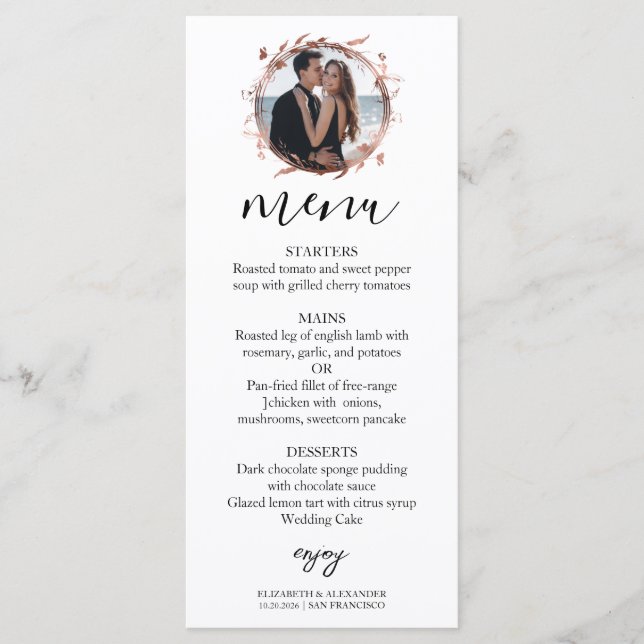 Monogram Floral Rose Gold Foil Foto Wedelmenü Menükarte (Vorderseite)