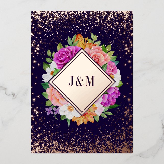 Monogram Floral Rose Gold Wedding Foil Einladung (Vorderseite)