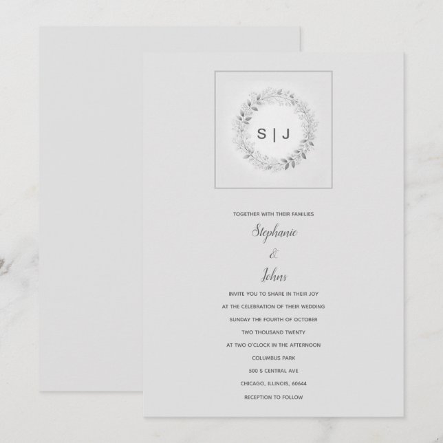 Monogram Floral Wappen Schwarz-weiß Gray Wedding Einladung (Vorne/Hinten)