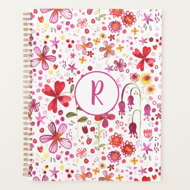 Monogram Floral Watercolor Modernes Muster Planer (Vorderseite)
