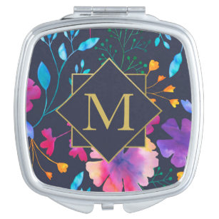 Monogram Floral Watercolor Muster Compact Mirror Taschenspiegel