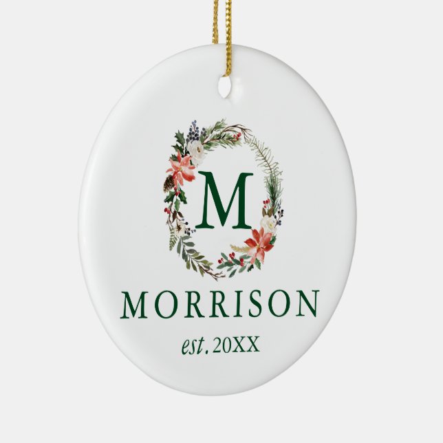 Monogram Floral Wreath Neu verheiratetes FOTO BACK Keramik Ornament (Rechts)