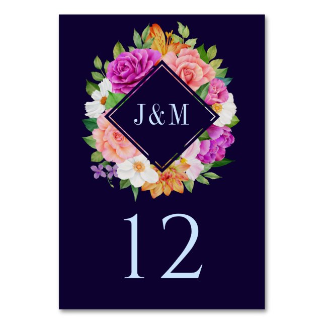 Monogram Floral Wreath Pink Lila Blue Wedding Tischnummer (Vorderseite)