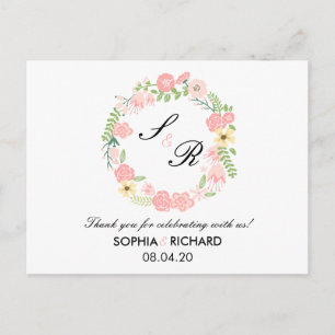 Monogram Floral Wreath Wedding Danke Postcard Postkarte