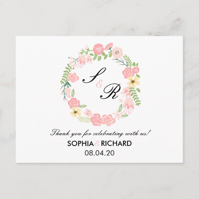 Monogram Floral Wreath Wedding Danke Postcard Postkarte (Vorderseite)