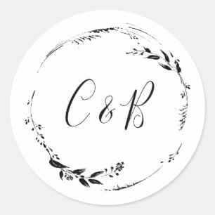 Monogram Floral Wreath White Script Hochzeit Runder Aufkleber