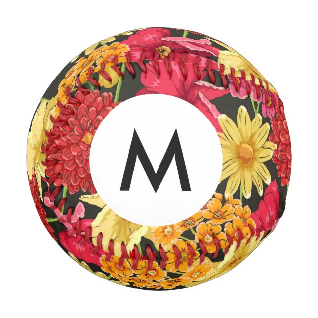 Monogram, florale Tapete im Aquarellstil Baseball (Vorderseite Links)