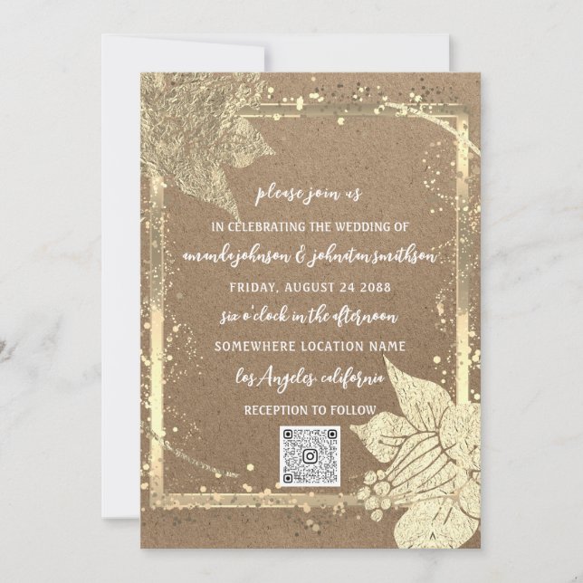 Monogram Florals Foto Gold Frame QR Code Kraft Einladung (Vorderseite)