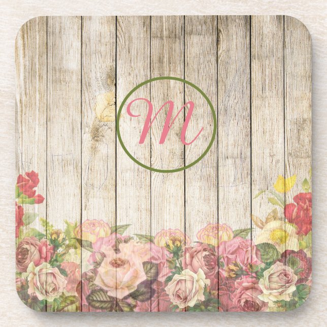 Monogram Flower Garden at Wooden Fence Getränkeuntersetzer (Vorderseite)