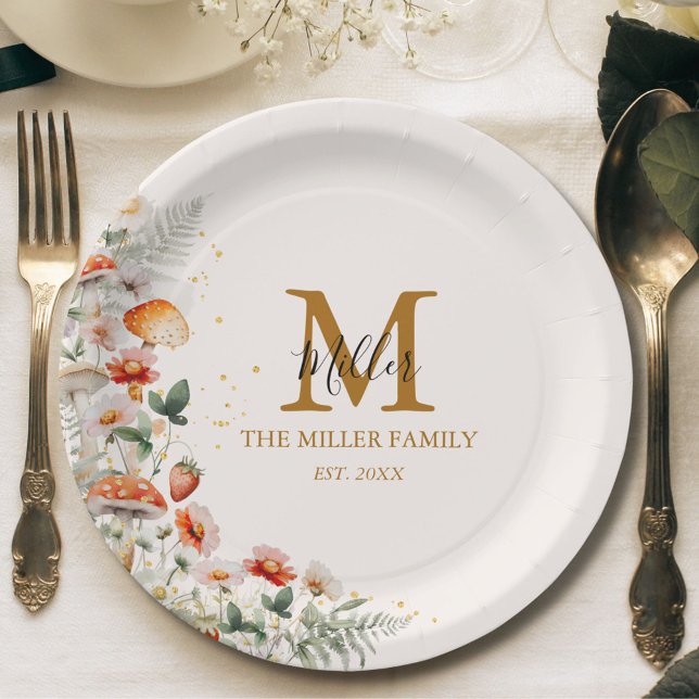 Monogram Forest Mushrooms Blume Floral botanisch Pappteller (In situ)