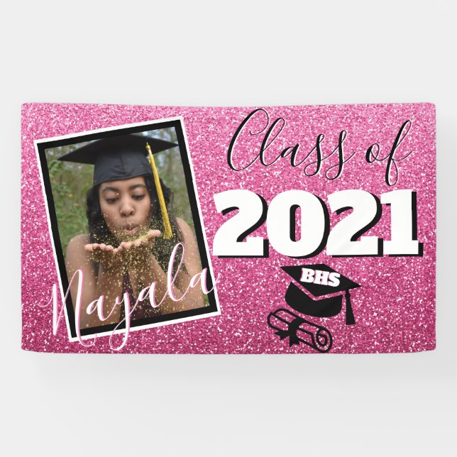 Monogram & Foto Abschluss Pink Ombre Glitzer Banner (Horizontal)