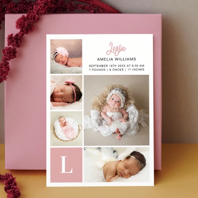 Monogram Foto Collage Baby Girl Birth Ankündigung (Von Creator hochgeladen)