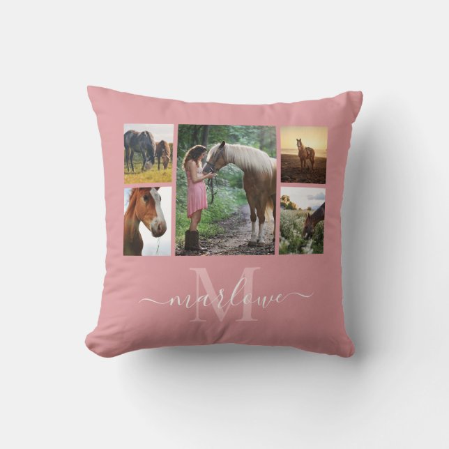 Monogram Foto Collage Blush Pink Horse Girl Kissen (Vorderseite)