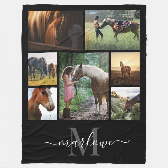 Monogram Foto Collage Schwarz-weiß Name Fleecedecke (Vorderseite)