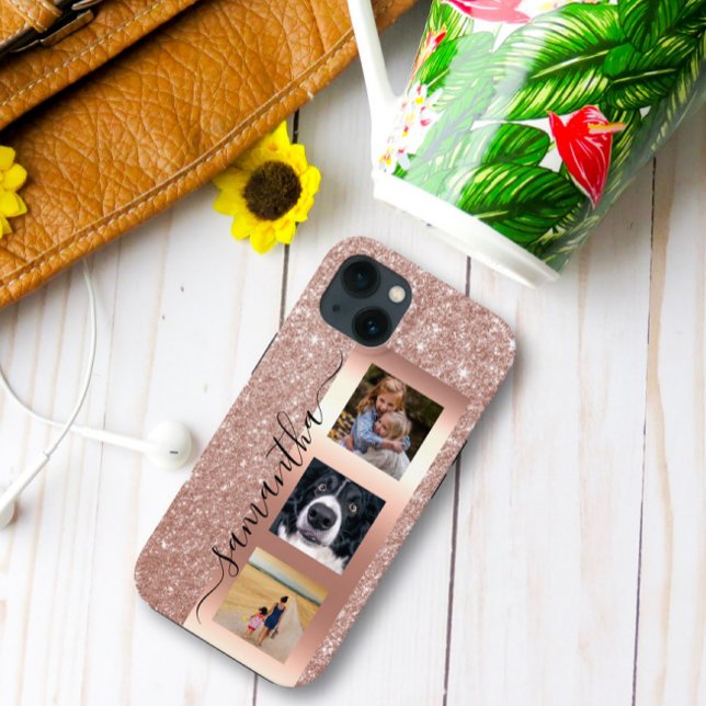 Monogram Foto Glitzer Rose Gold Handgeschriebene Case-Mate iPhone 14 Hülle (Von Creator hochgeladen)