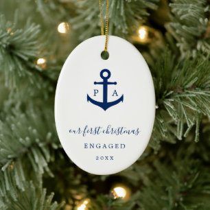 Monogram Foto Nautic First Christmas Verlobt Keramik Ornament