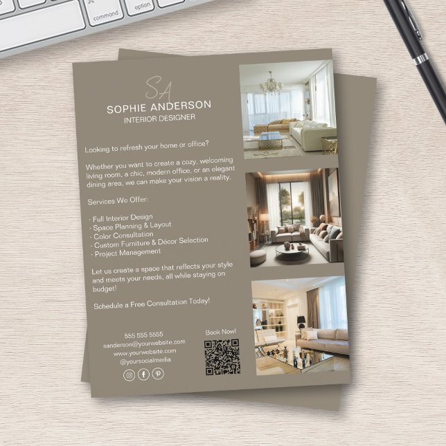 Monogram Foto QR Taupe Beruflich Business Flyer (Monogram Photo QR Taupe Professional Business Flyer)