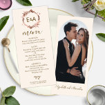 Monogram Foto Wedding Menu Card Menükarte<br><div class="desc">Eine schlichte,  blumengeschmückte Rose Goldfolie monogramm leichte Pfirsichmenükarte. Einfach mit Ihren Daten personalisieren. Moderne boho Hochzeitskarte editierbar,  anpassbar,  Arch Foto Hochzeitsmenu Karte,  Kalligrafie handgeschriebenen Schriftart,  einfach,  elegant.</div>