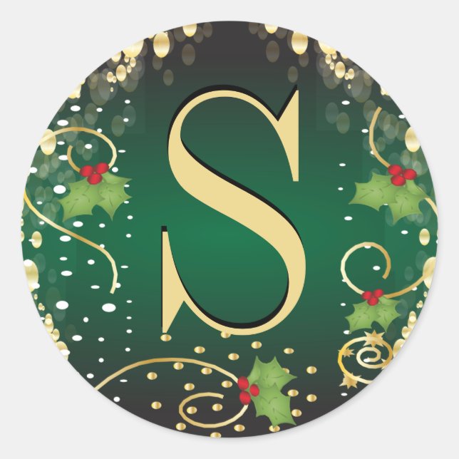 Monogram Frohe Weihnachten - Grün Runder Aufkleber (Vorderseite)