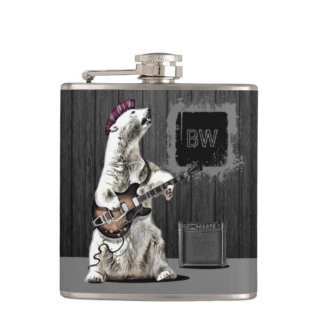 Monogram Funny Punk Rock Gitarre Bär Musiker Anges Flachmann (Vorderseite)