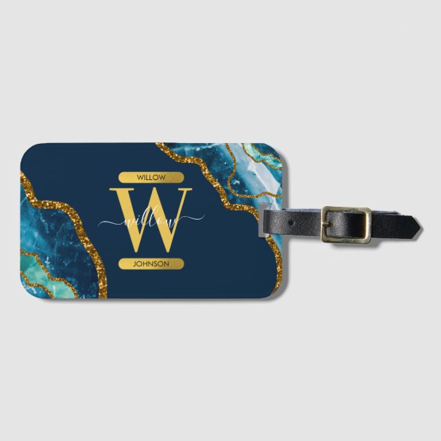 Monogram für Blue & Gold Agate Geode Glitzer Gepäckanhänger (Vorderseite (Horizontal))