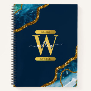 Monogram für Blue & Gold Agate Geode Glitzer Notizbuch