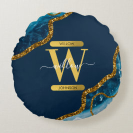 Monogram für Blue & Gold Agate Geode Glitzer Rundes Kissen