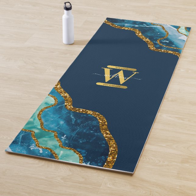 Monogram für Blue & Gold Agate Geode Glitzer Yogamatte (Beispiel)