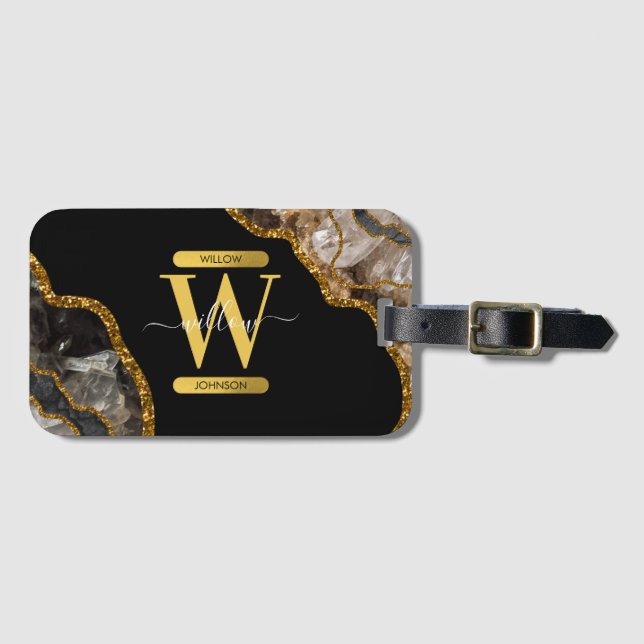 Monogram für den Black & Gold Agate Geode Glitzer Gepäckanhänger (Vorderseite (Horizontal))