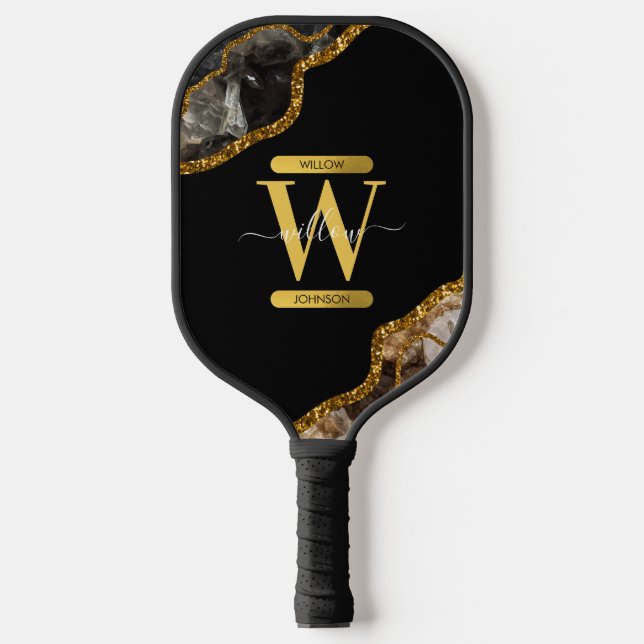 Monogram für den Black & Gold Agate Geode Glitzer Pickleball Schläger (Vorderseite)