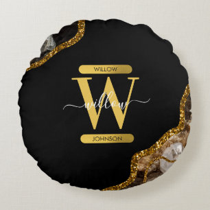 Monogram für den Black & Gold Agate Geode Glitzer Rundes Kissen