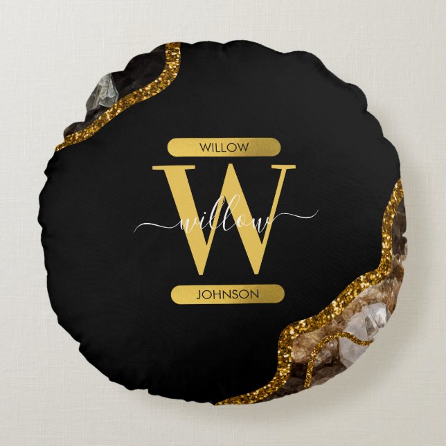 Monogram für den Black & Gold Agate Geode Glitzer Rundes Kissen (Vorderseite)