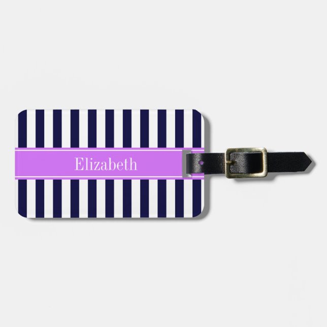 Monogram für den blauen Streifen Lilac Name Gepäckanhänger (Vorderseite horizontal)