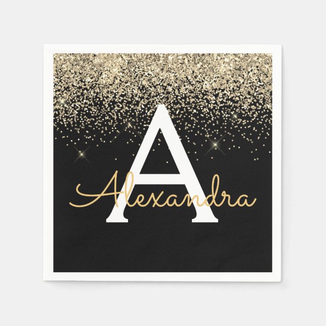 Monogram für den Gold Black Luxury Glitzer Serviette (Vorderseite)
