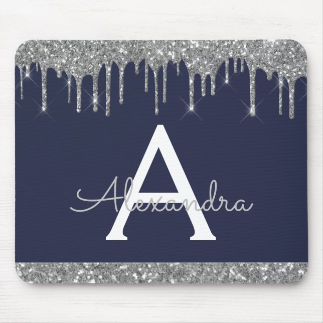 Monogram für den Navy Blue Silver Sparkle Glitzer Mousepad (Vorne)