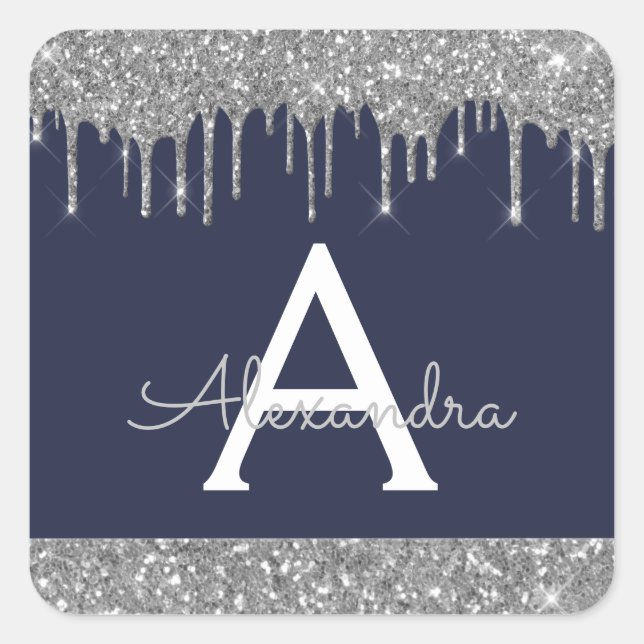 Monogram für den Navy Blue Silver Sparkle Glitzer Quadratischer Aufkleber (Vorderseite)