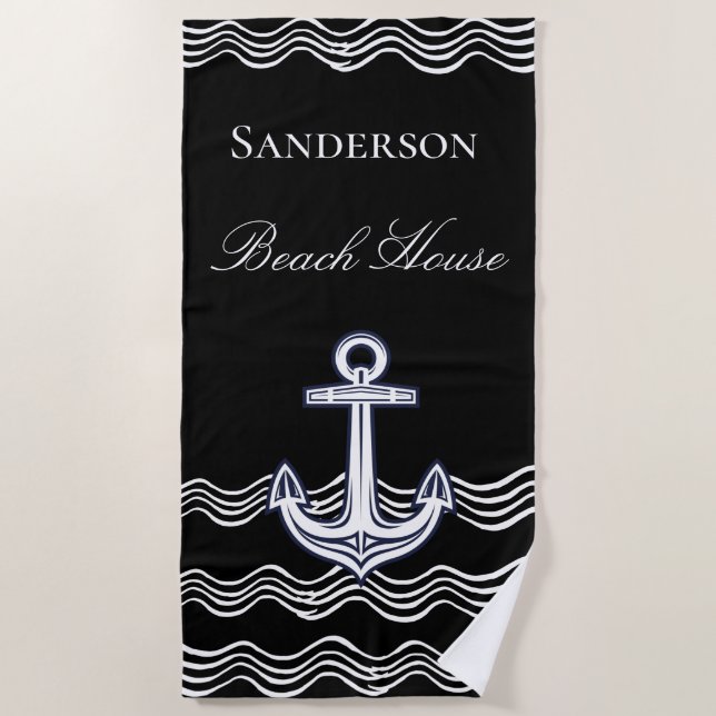 Monogram für den Schwarz-weißen Anker Strandtuch (Vorderseite)