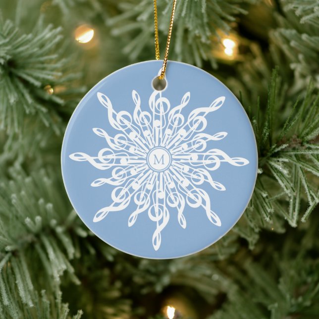 Monogram für den Winter Blue White Snowflake Musik Keramik Ornament (Baum)