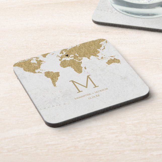 Monogram für die Gold Foil World Map Hochzeit in U Untersetzer (Linke Seite)