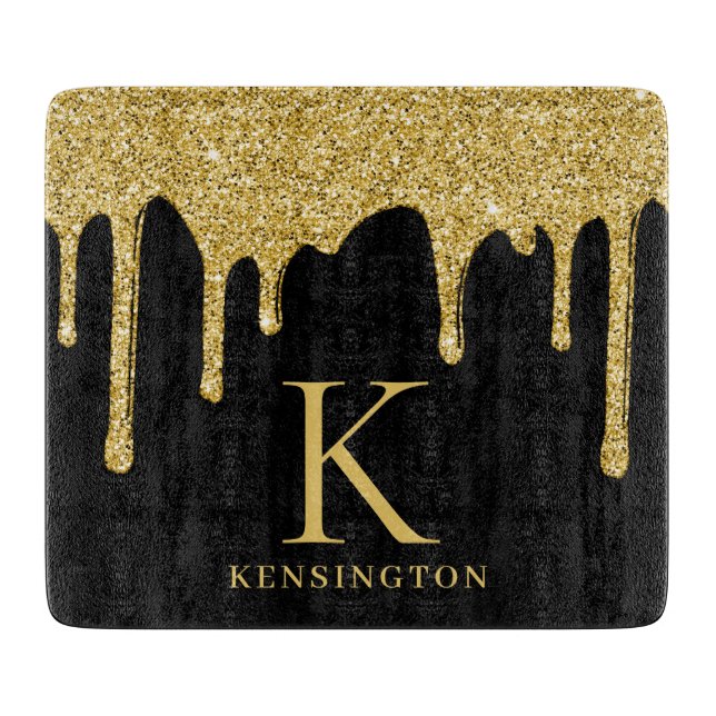 Monogram für elegante Black-Gold-Glitzer-Tropfen Schneidebrett (Vorderseite)