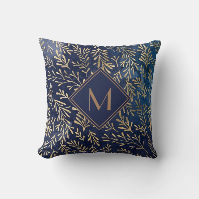 Monogram für elegante Navy Blue Gold Watercolor Bl Kissen (Vorderseite)