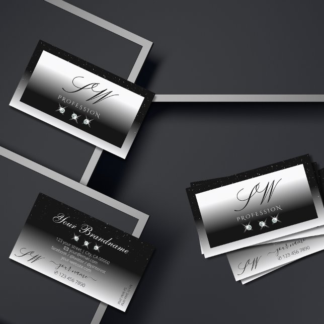 Monogram für elegante Schwarz-Weiß-Sparkle-Diamant Visitenkarte (Von Creator hochgeladen)
