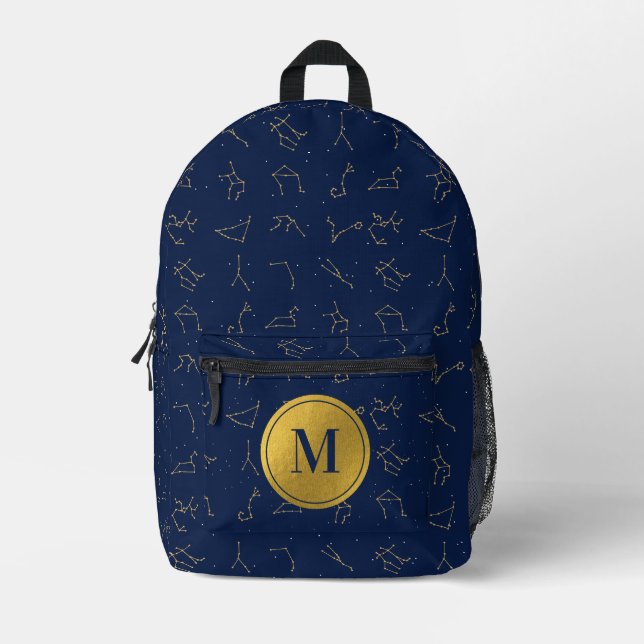 Monogram für Gold & Navy Blue-Zodiac-Konstellation Bedruckter Rucksack (Vorderseite)