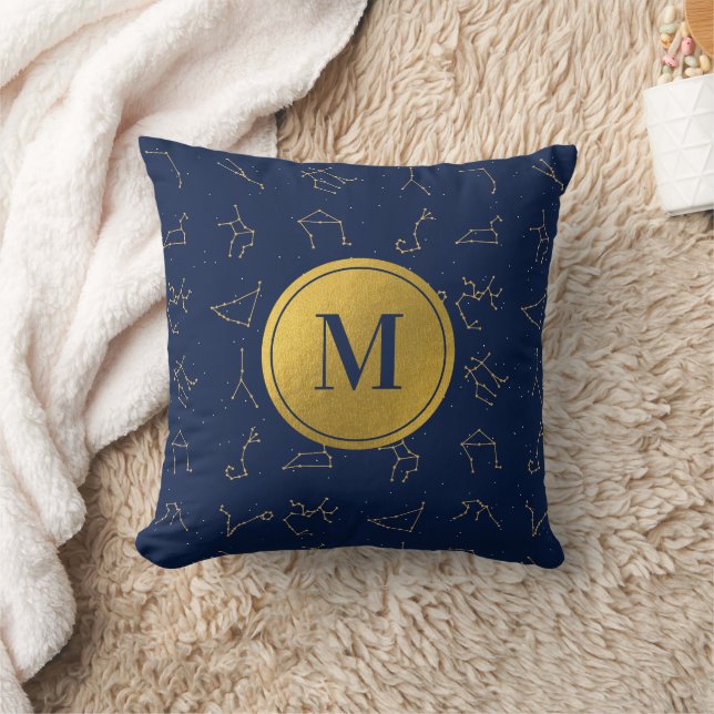 Monogram für Gold & Navy Blue-Zodiac-Konstellation Kissen (Decke)